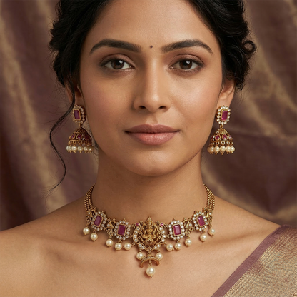 LYVVA Gold-Plated Temple Choker Necklace Set with Ruby Stones & Pearl Drops for Women | Festive & Bridal Jewellery | SJ018