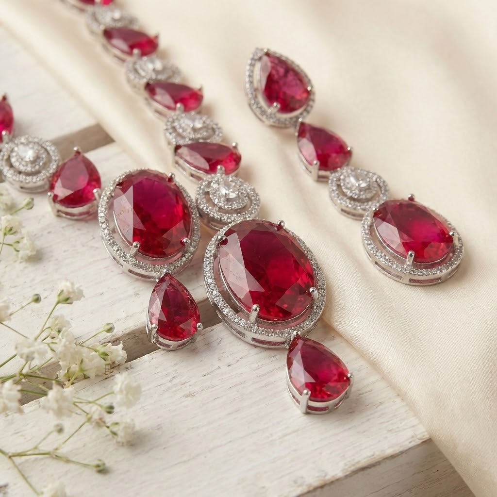 LYVVA | Red Crystal Necklace Set for Women | Wedding, Party & Bridal-Wear Jewelry