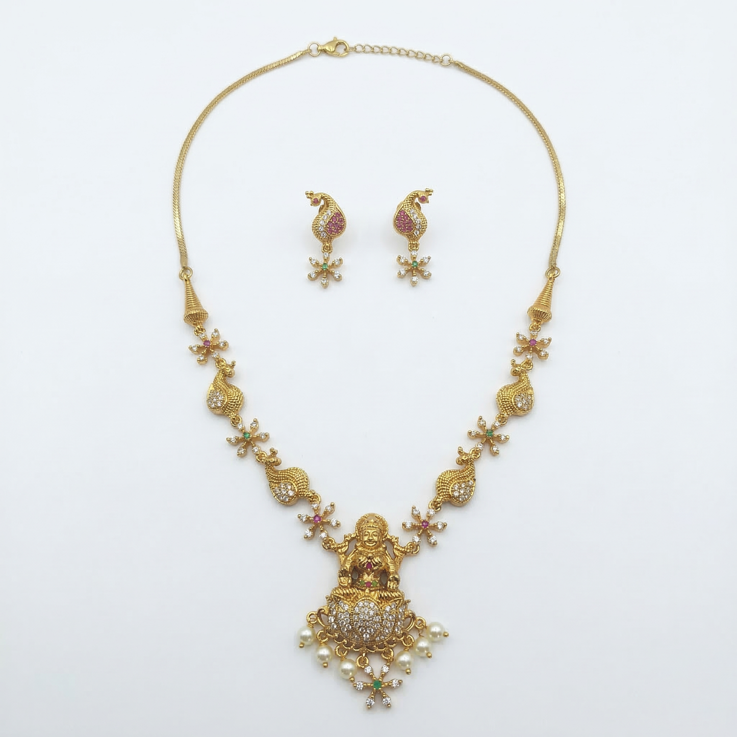 LYVVA Gold-Plated Temple Pendant Necklace Set with Multicolor Stones & Pearl Drops for Women | Lightweight Festive Jewellery | SJ006
