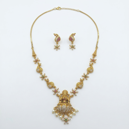 LYVVA Gold-Plated Temple Pendant Necklace Set with Multicolor Stones & Pearl Drops for Women | Lightweight Festive Jewellery | SJ006