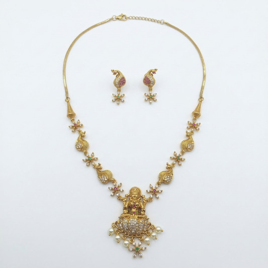 LYVVA Gold-Plated Temple Pendant Necklace Set with Multicolor Stones & Pearl Drops for Women | Lightweight Festive Jewellery | SJ006