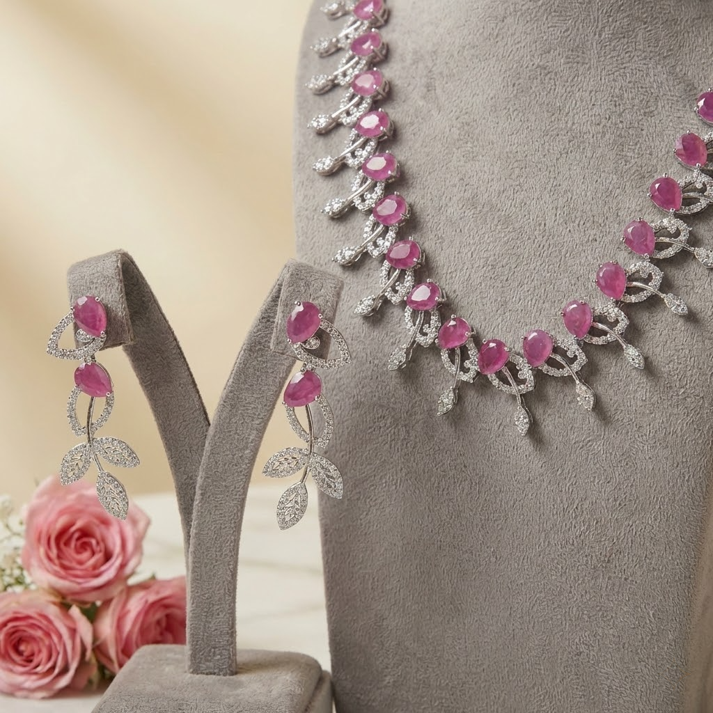 Pink Stone Leaf Design Necklace & Earring Set