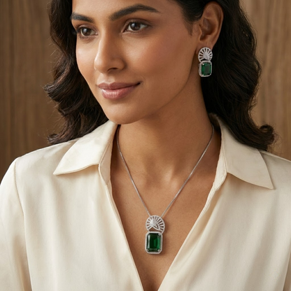 LYVVA | Green Crystal Pendant Necklace Set for Women | Party & Wedding Jewellery