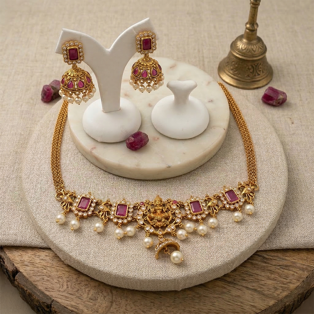 LYVVA Gold-Plated Temple Choker Necklace Set with Ruby Stones & Pearl Drops for Women | Festive & Bridal Jewellery | SJ018
