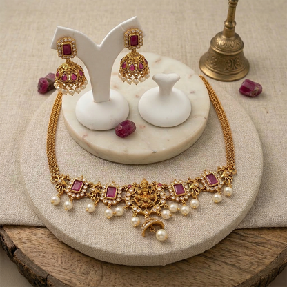 LYVVA Gold-Plated Temple Choker Necklace Set with Ruby Stones & Pearl Drops for Women | Festive & Bridal Jewellery | SJ018