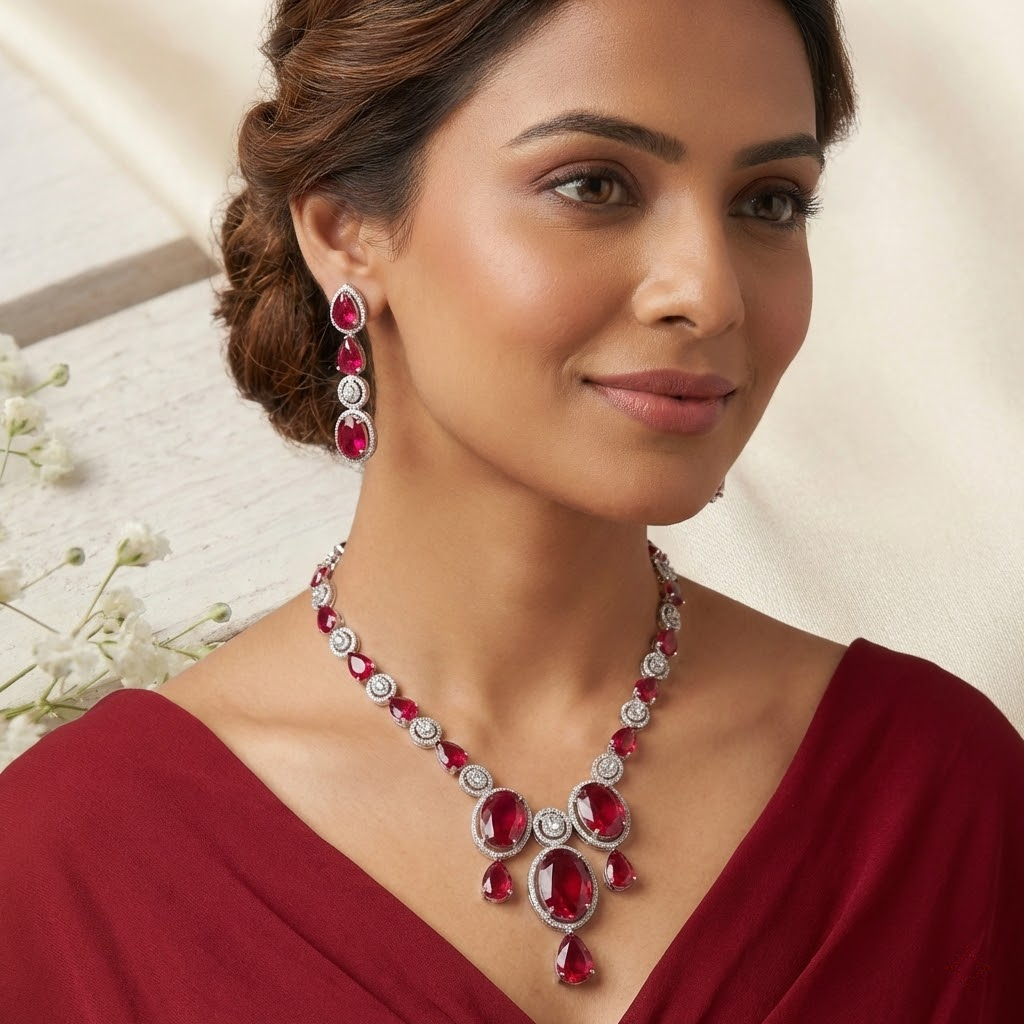 LYVVA | Red Crystal Necklace Set for Women | Wedding, Party & Bridal-Wear Jewelry