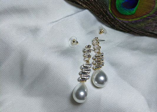 Radiant Pearl & Baguette Diamond Drop Earrings make description