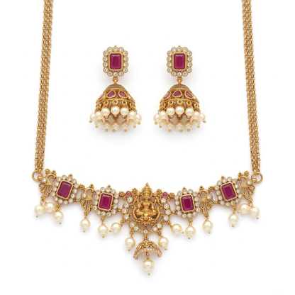 LYVVA Gold-Plated Temple Choker Necklace Set with Ruby Stones & Pearl Drops for Women | Festive & Bridal Jewellery | SJ018
