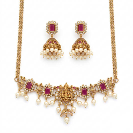LYVVA Gold-Plated Temple Choker Necklace Set with Ruby Stones & Pearl Drops for Women | Festive & Bridal Jewellery | SJ018