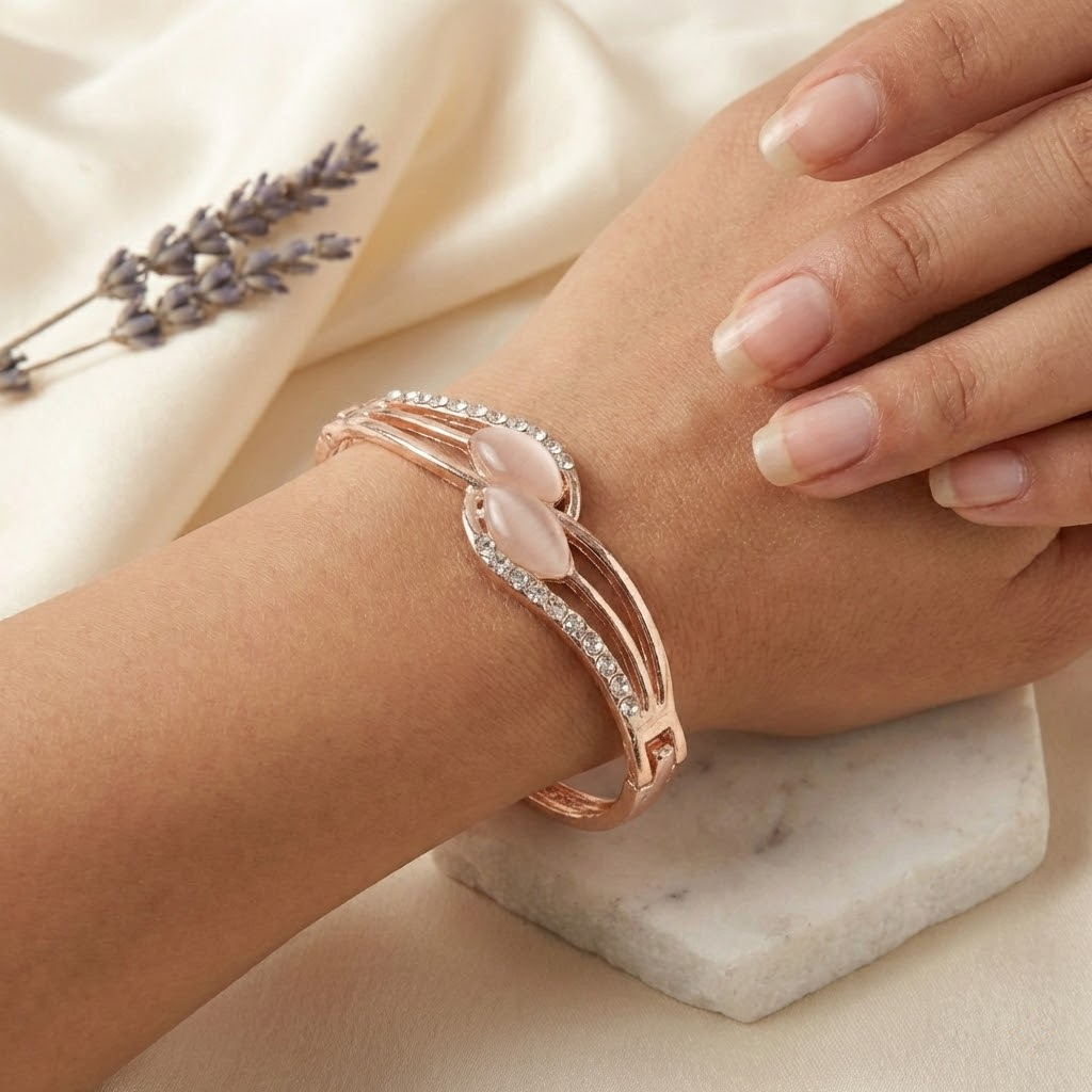 Rose Gold Twin Marquise Cat’s Eye Crystal Curve Bangle