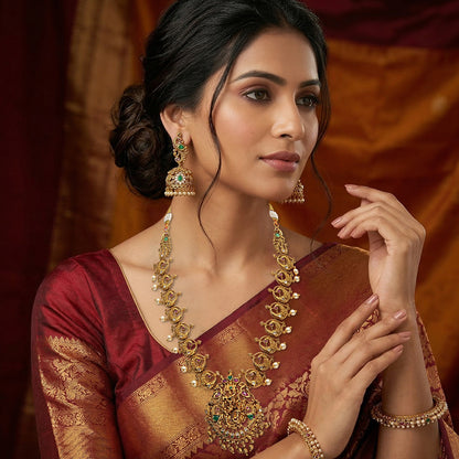 LYVVA Gold-Plated Queen Collection Temple Long Necklace Set with Peacock Design, Multicolor Stones & Pearl Drops for Women | Bridal & Festive Jewellery | SJ019