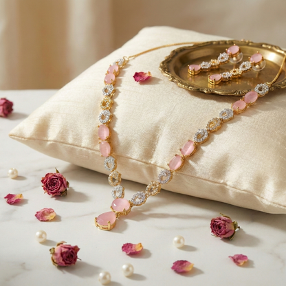 Blush Pink Cat’s Eye & Crystal Gold-Tone Necklace Set