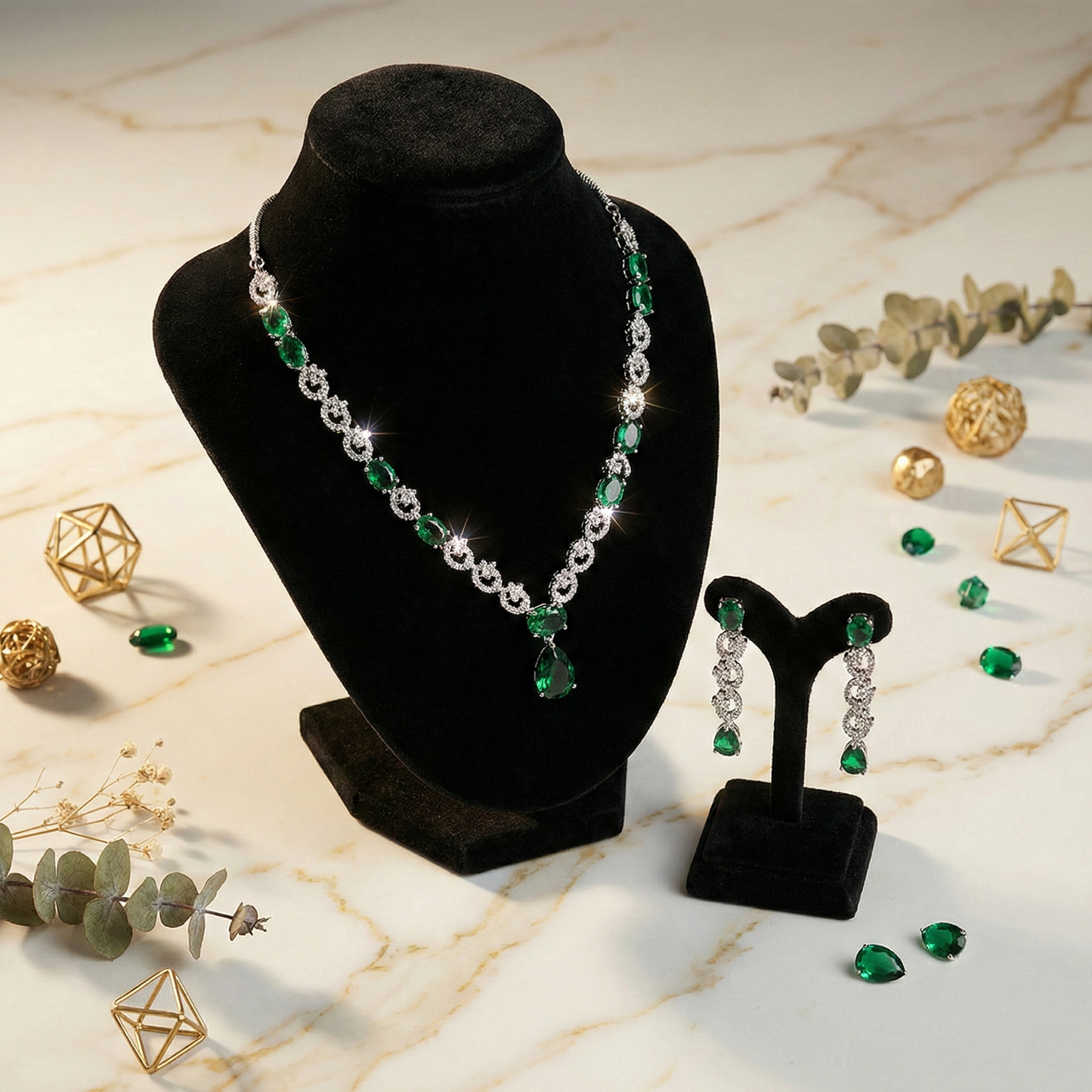 Blush Pink Cat’s Eye & Crystal Gold-Tone Necklace Set