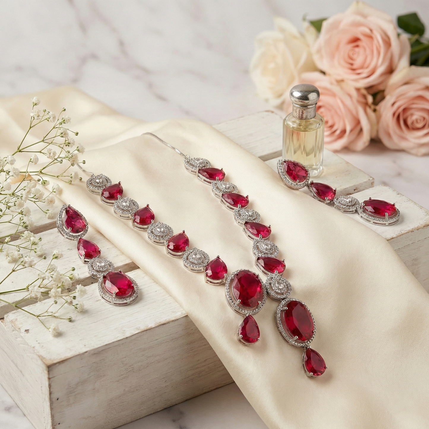 LYVVA | Red Crystal Necklace Set for Women | Wedding, Party & Bridal-Wear Jewelry