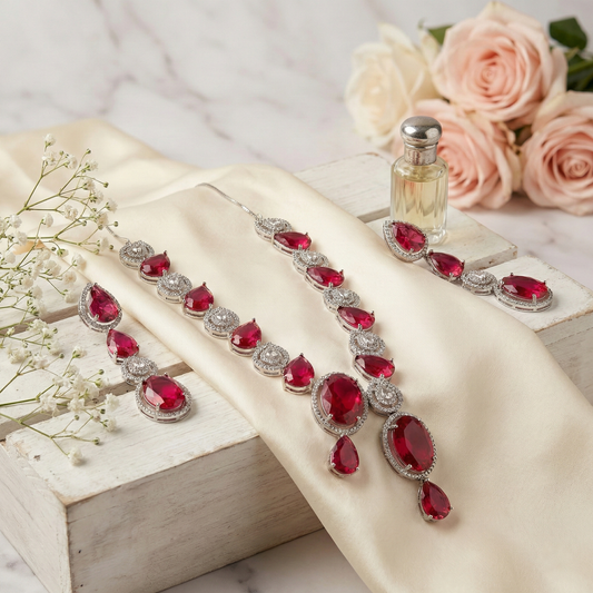 LYVVA | Red Crystal Necklace Set for Women | Wedding, Party & Bridal-Wear Jewelry