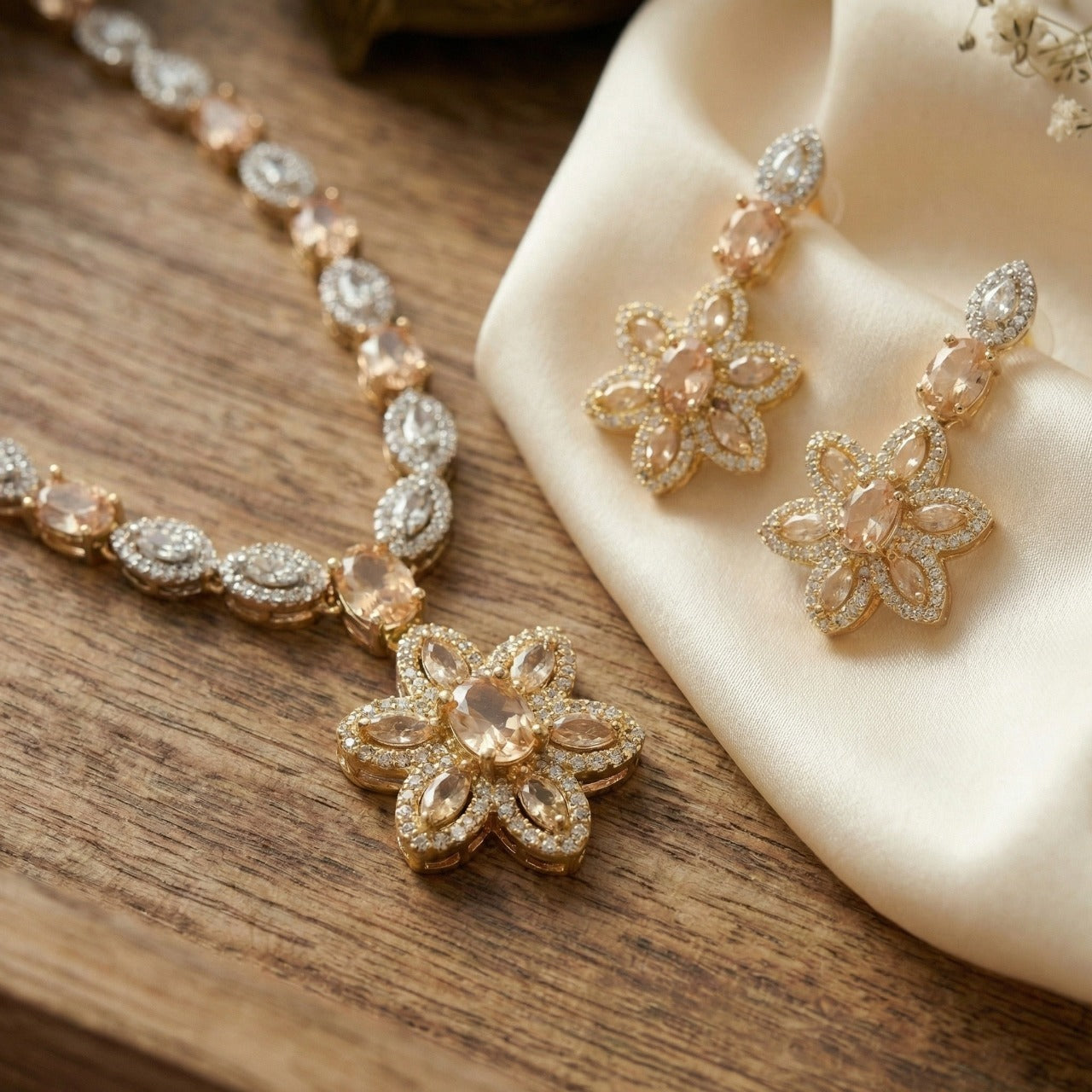 Champagne Floral Crystal Necklace Set