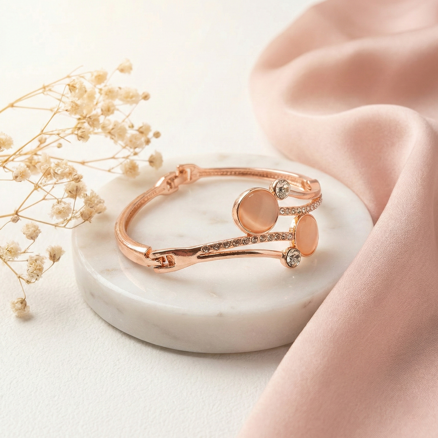Rose Gold Twin Disc Cat’s Eye Crystal Bangle Bracelet