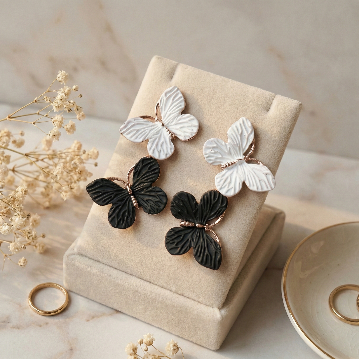 Dual-Tone Butterfly Stud Earrings (Black & White)
