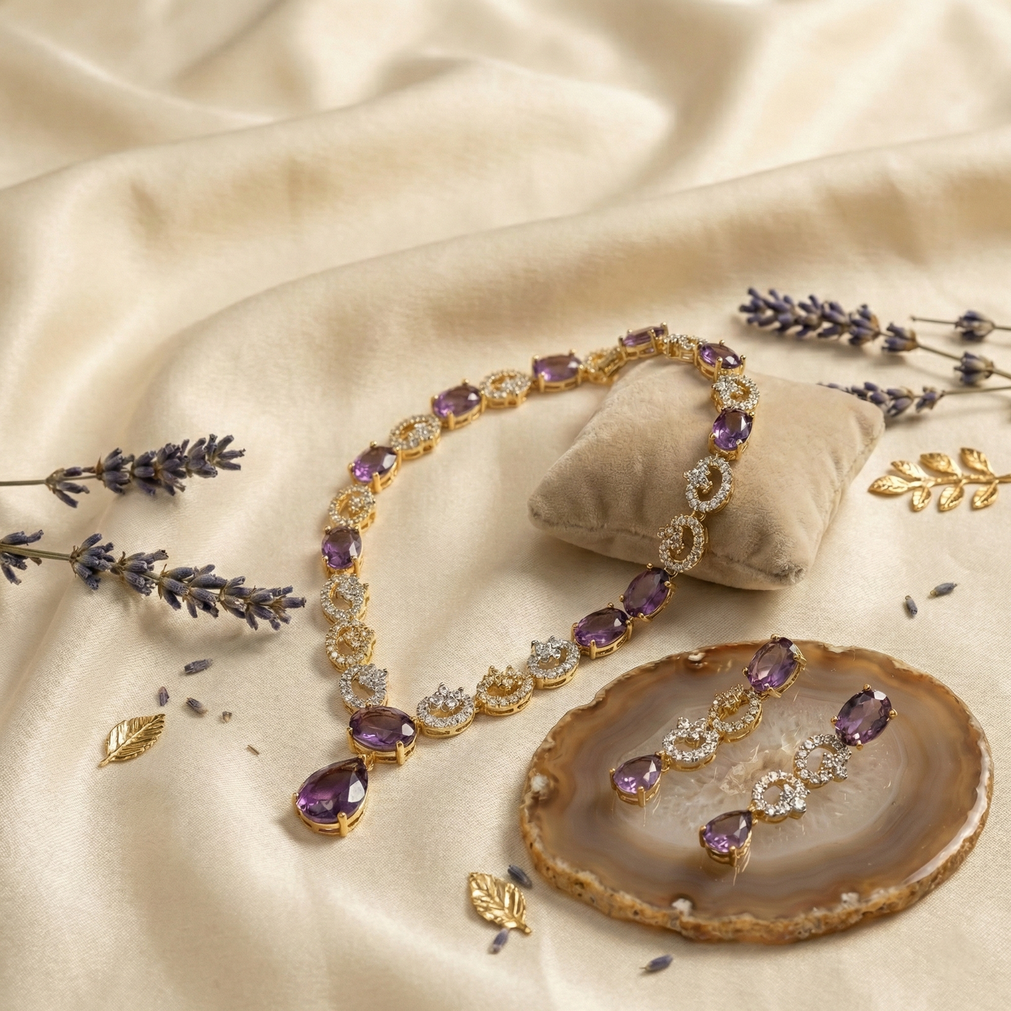 Blush Pink Cat’s Eye & Crystal Gold-Tone Necklace Set