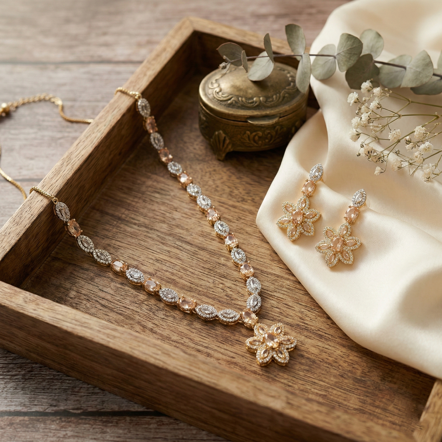 Champagne Floral Crystal Necklace Set