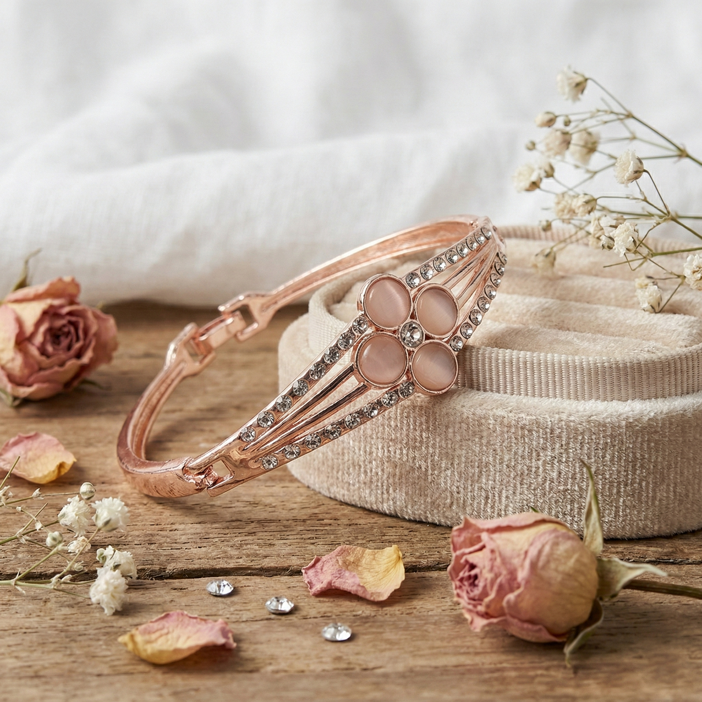 Rose Gold Floral Cat’s Eye Crystal Statement Bracelet