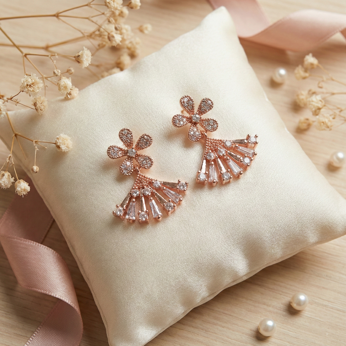 Rose Gold Floral Fan Drop Earrings