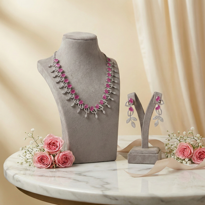 Pink Stone Leaf Design Necklace & Earring Set