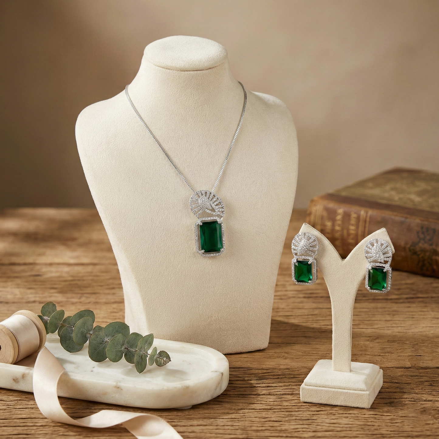 LYVVA | Green Crystal Pendant Necklace Set for Women | Party & Wedding Jewellery