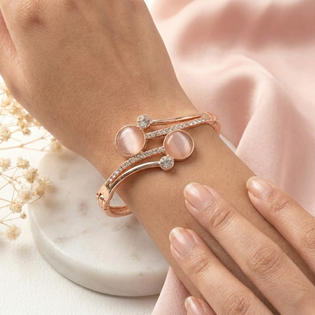 Rose Gold Twin Disc Cat’s Eye Crystal Bangle Bracelet