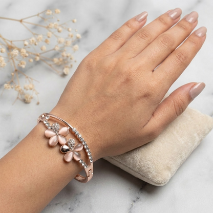 Rose Gold Floral Crystal Cat’s Eye Bangle Bracelet