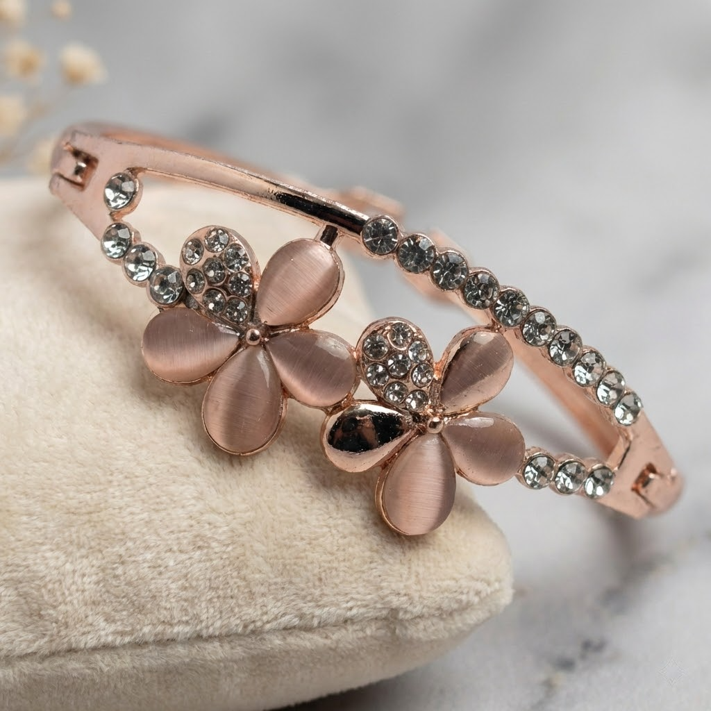 Rose Gold Floral Crystal Cat’s Eye Bangle Bracelet