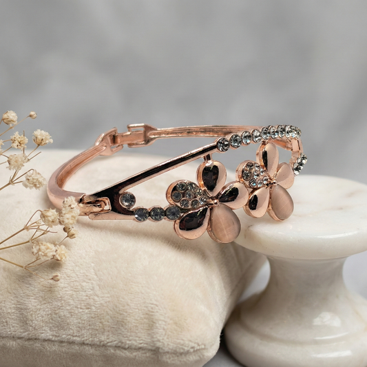 Rose Gold Floral Crystal Cat’s Eye Bangle Bracelet