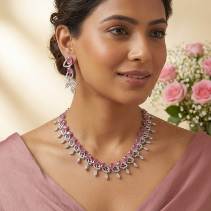 Pink Stone Leaf Design Necklace & Earring Set