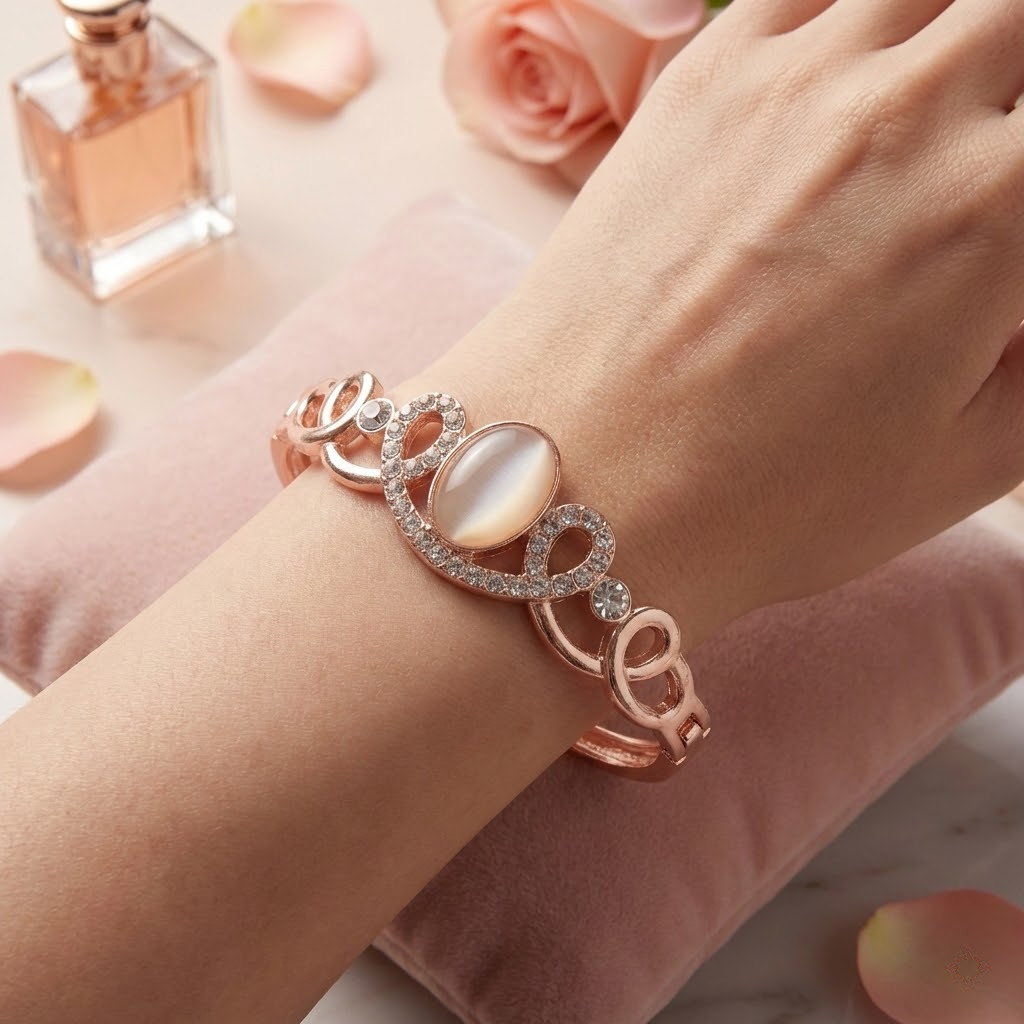 Rose Gold Oval Cat’s Eye Crystal Link Bangle Bracelet