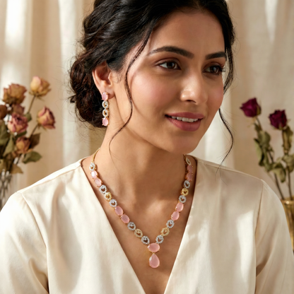 Blush Pink Cat’s Eye & Crystal Gold-Tone Necklace Set